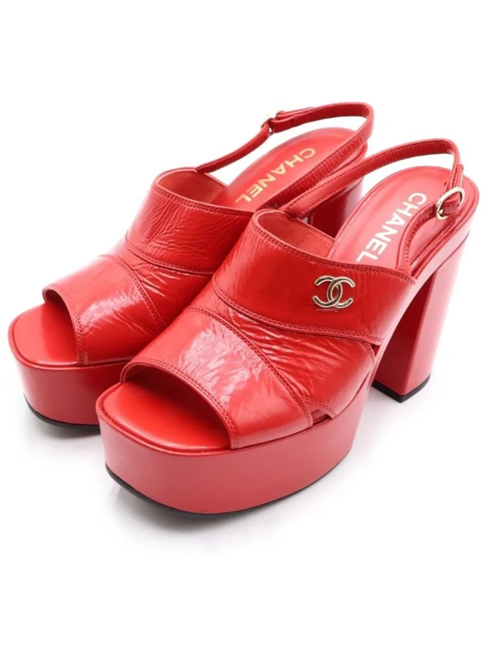 Chanel CC Logo High Heels Leather Sandals Enamel Gold